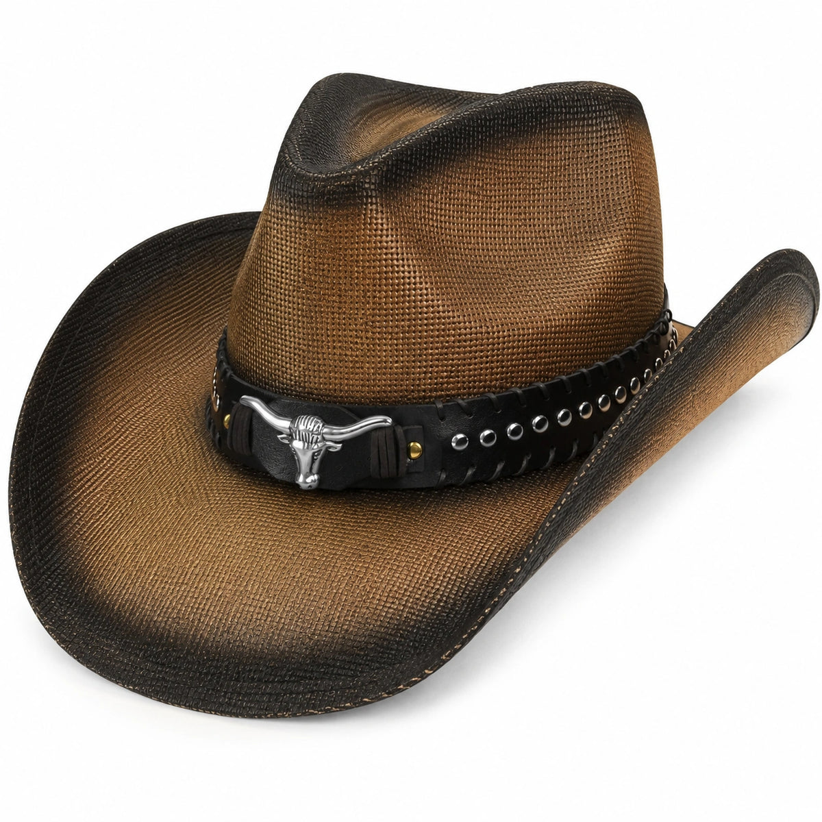 Western-Cowboyhut mit Stier-Emblem in Braun/Schwarz