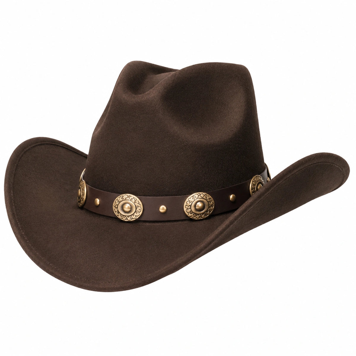 Brauner Cowboyhut mit Ledergarnitur und Metallverzierungen